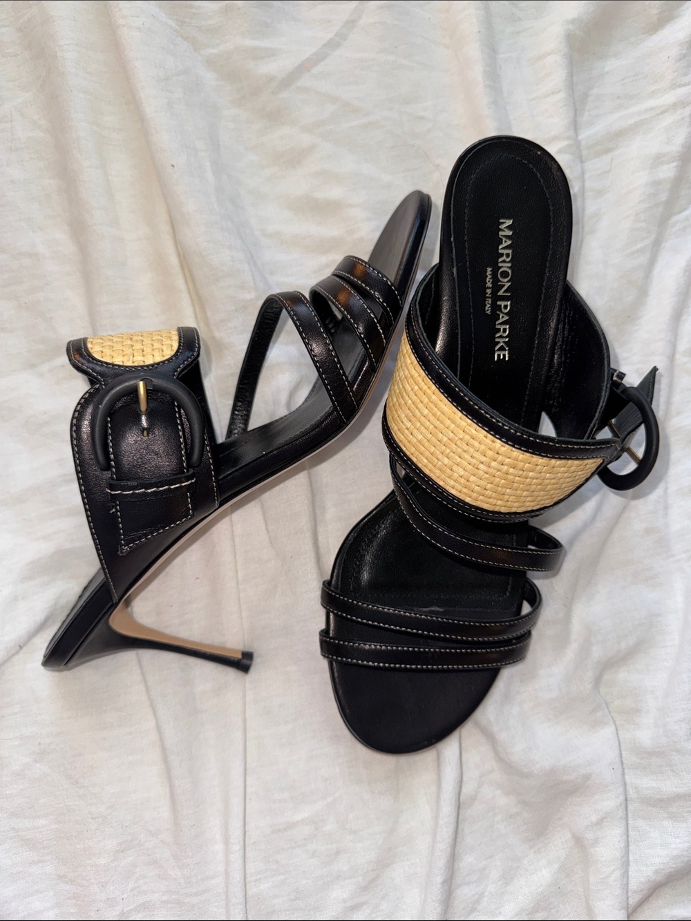 Marion Parke Black Strap Stiletto Heels Sandals Size 40 / 9 Natural NWOT